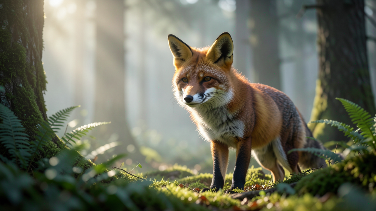 Renard roux dans une forêt brumeuse à l’aube, avec des mousses et des fougères au premier plan et de la lumière filtrée par les arbres.